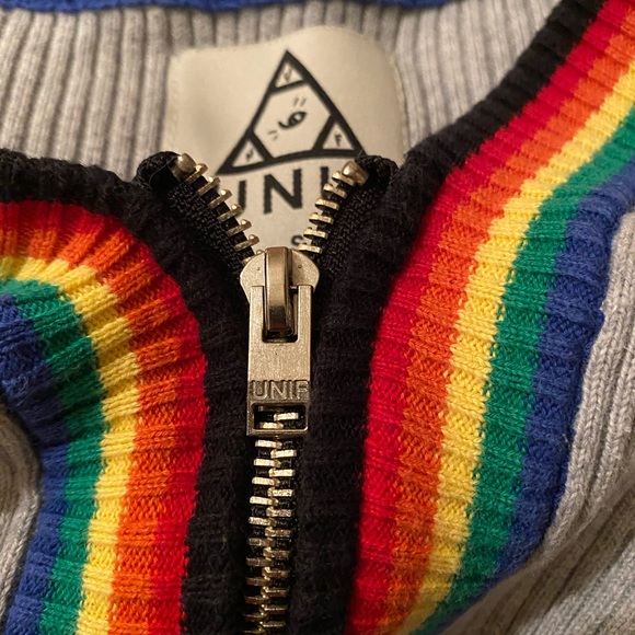 •UNIF• Zip Front Rainbow Trimmed Soft Ribbed Heather Crop Sweater Top 🌈🍭⛅️ - Picture 8 of 10